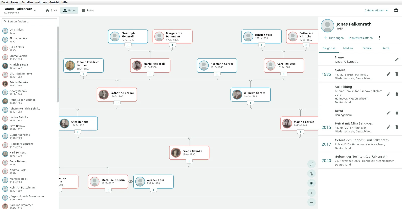 Layout Baum in der Mitte: Personenliste, Stammbaum von Frieda Behnke, Personenleiste
