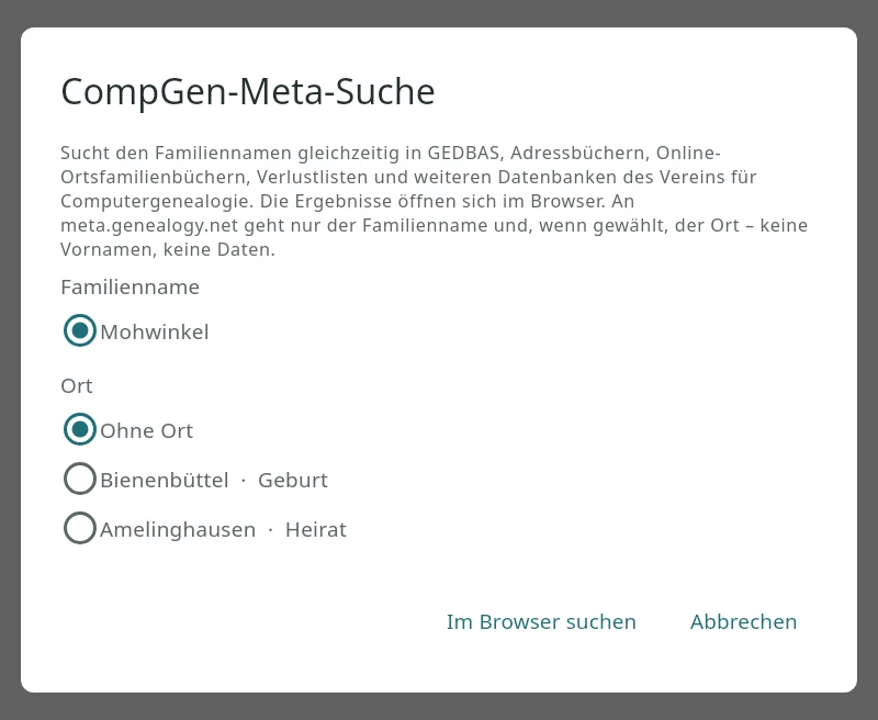 Dialog CompGen-Meta-Suche für Georg Mohwinkel: Familienname Mohwinkel, Ort wahlweise Bienenbüttel (Geburt) oder Amelinghausen (Heirat), vorgewählt ohne Ort