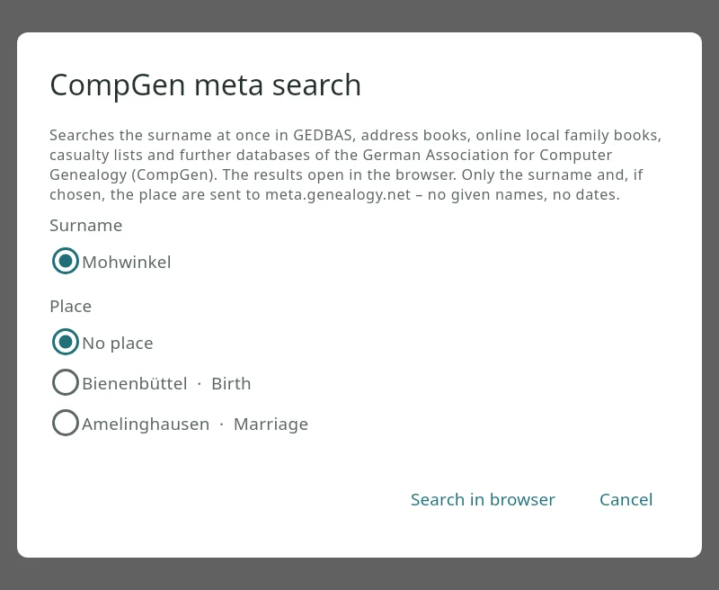 CompGen meta search dialog for Georg Mohwinkel: surname Mohwinkel, place optionally Bienenbüttel (birth) or Amelinghausen (marriage), no place preselected