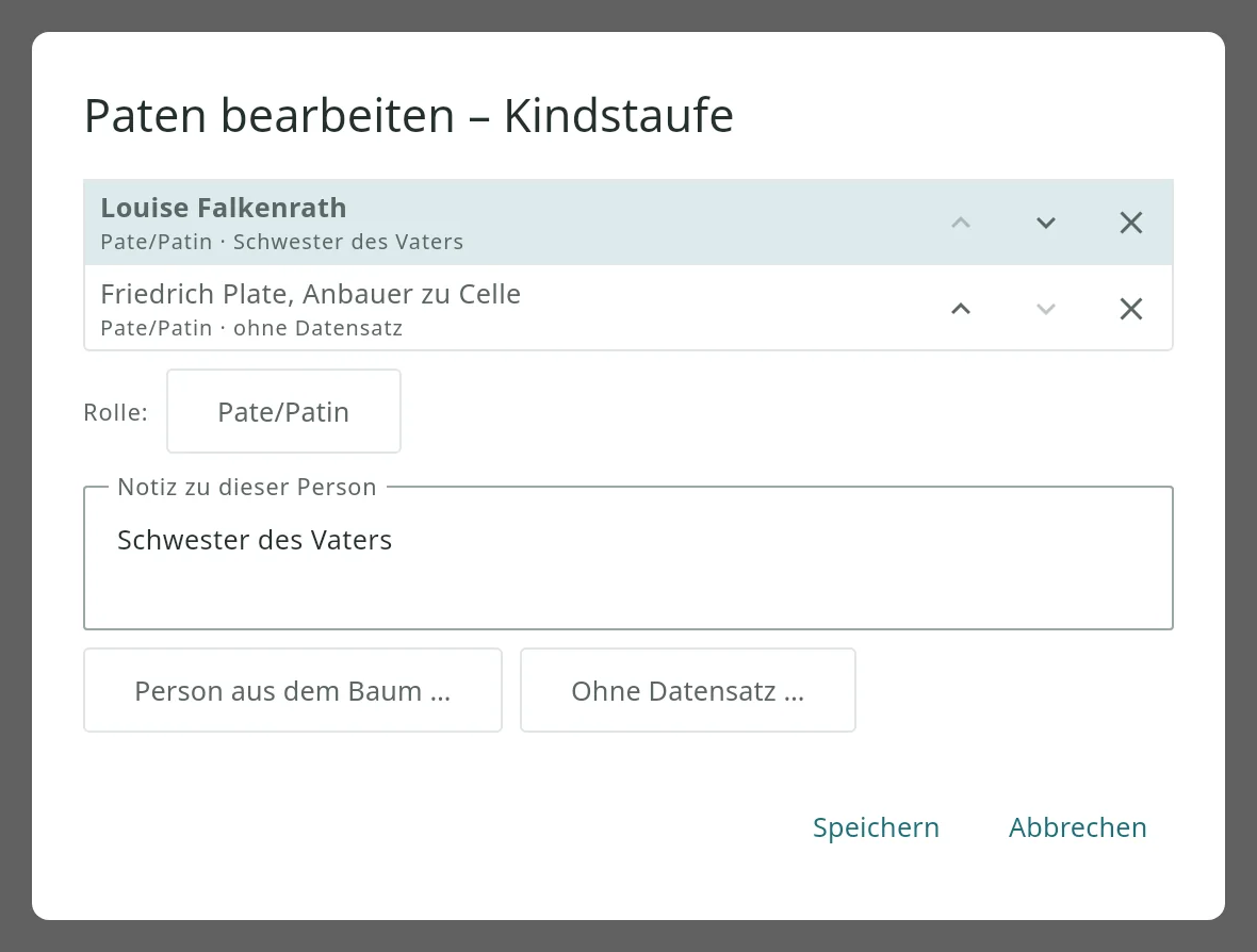Dialog Paten bearbeiten mit einer verknüpften Patin samt Notiz und einem Paten ohne Datensatz