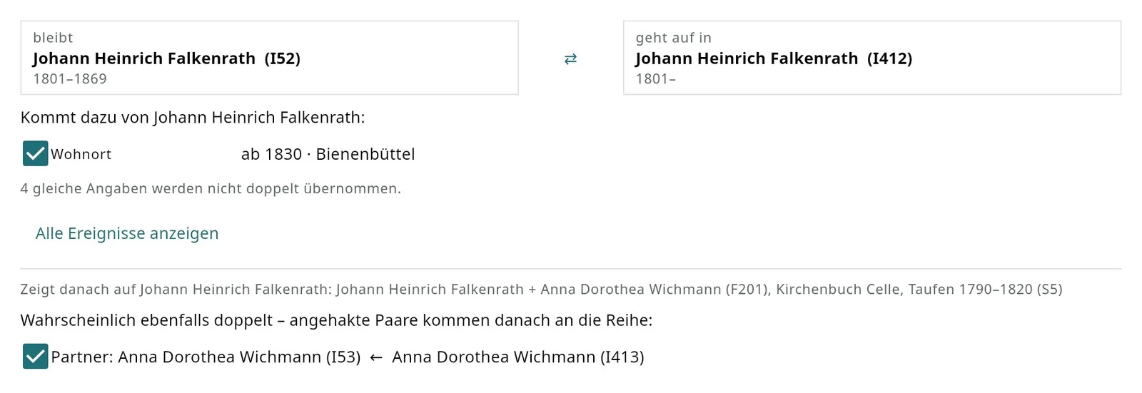 Personen zusammenführen: Johann Heinrich Falkenrath bleibt, die zweite Fassung geht auf; dazu kommt ein Wohnort, darunter Verweise und ein weiteres Paar