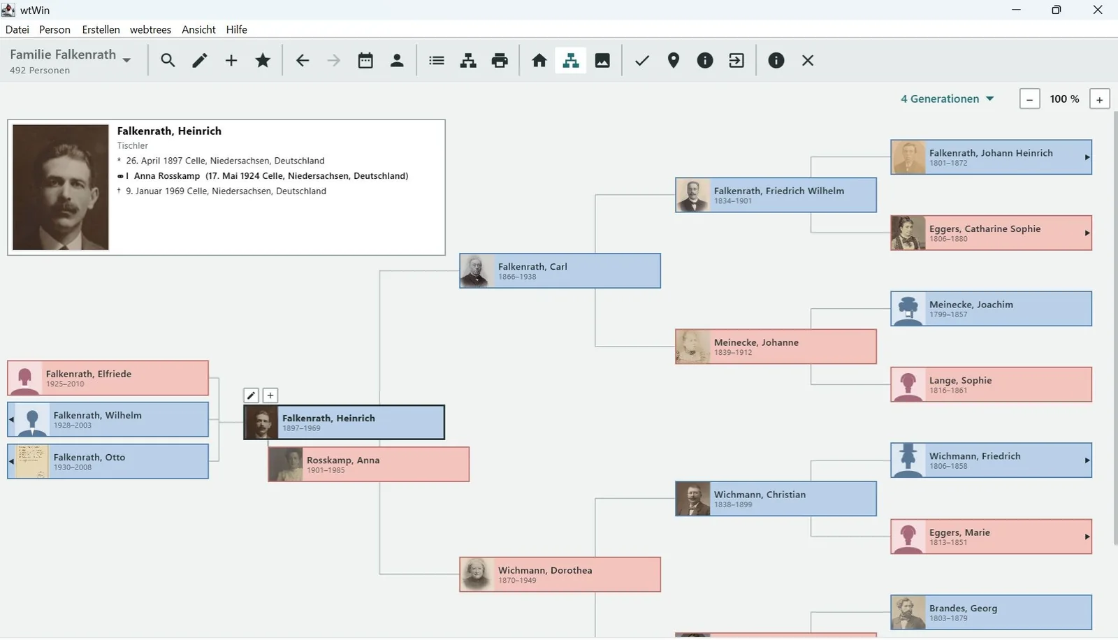 wtWin unter Windows: Navigator mit Heinrich Falkenrath, seinen Kindern und vier Generationen Vorfahren